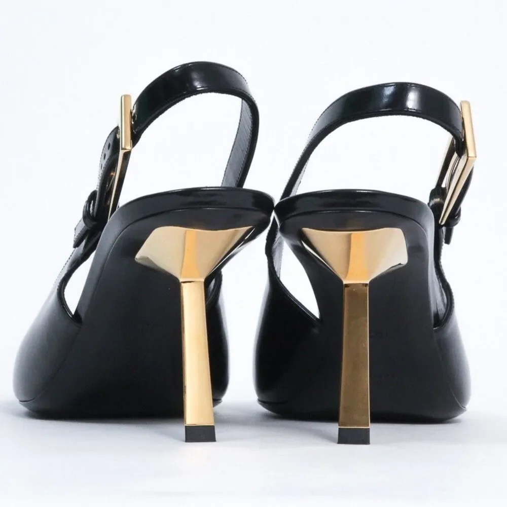Saint Laurent YSL Lee Slingback Pumps Black Leather Gold Heel Shoes 39.5 NIB